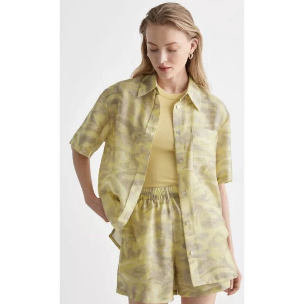 & OTHER STORIES  Boxy Button Up Shirt Yellow With Gray Splashes Size XS‎